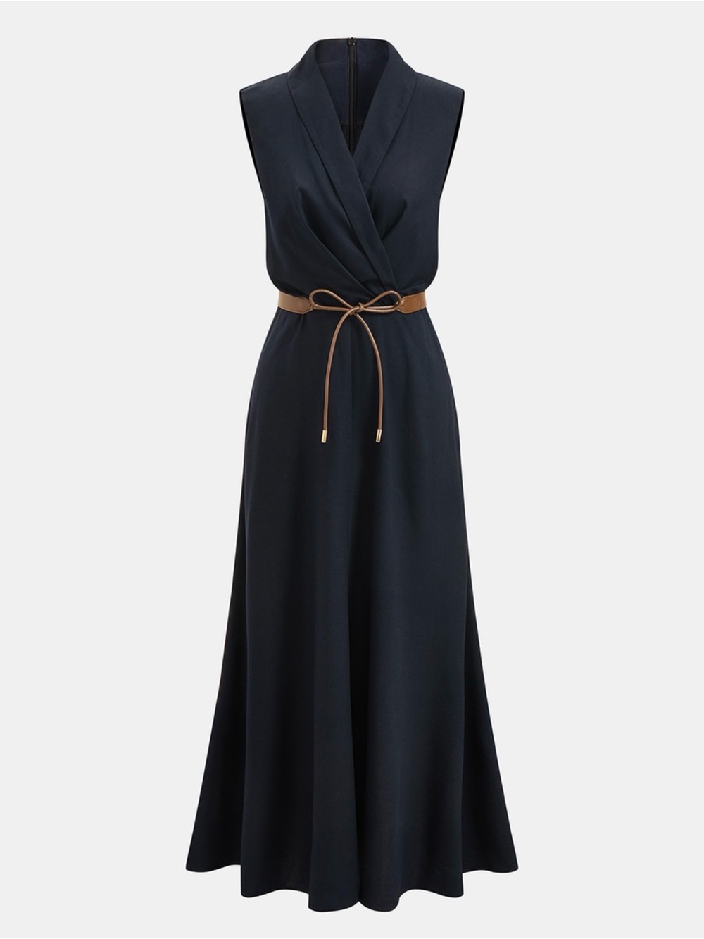 Commense Navy Sleeveless Wrap Maxi Dress with no Brown Tie Belt no belt